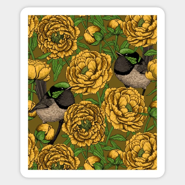 Yellow Peonies and wrens Sticker by katerinamk